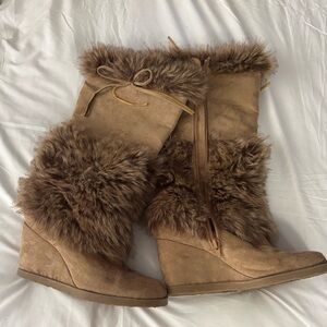 Charlotte Russe Tan Fur-Lined Wedge Boots
